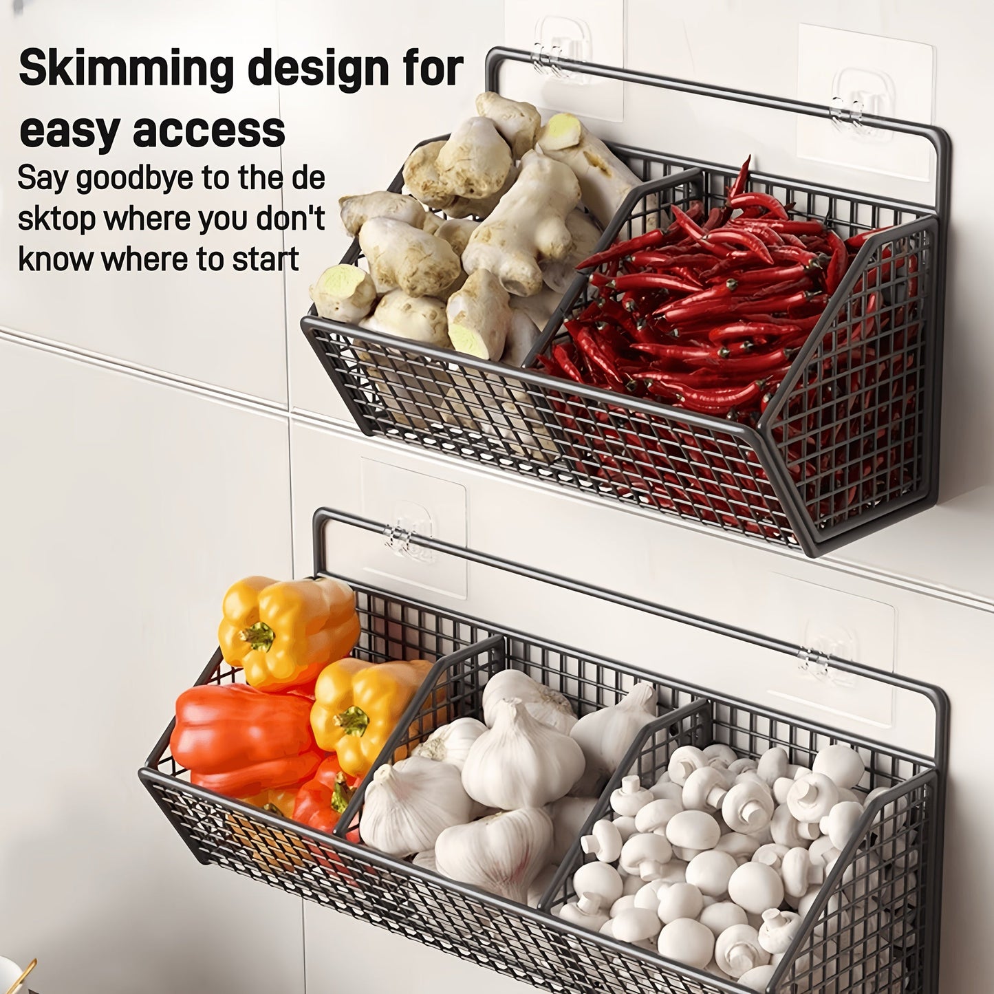 Wire fruit basket mounted on a wall, featuring three grid wire hanging compartments for kitchen or bathroom storage. Also doubles as a storage box, fruit rack, or wall-mounted storage solution for any room in the house.