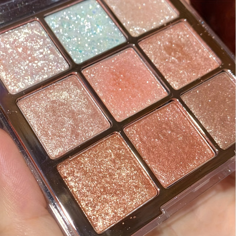 9-color eyeshadow palette with shimmery and matte finishes in brown and multicolor tones for daily and party looks, including glitter shades.