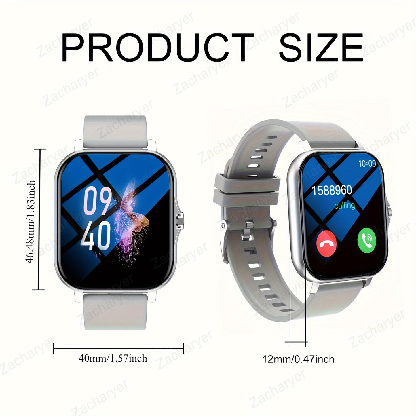 Zacharyer Smartwatch uniseks, turli sport rejimlarini qo'llab-quvvatlaydi va Android hamda iPhone bilan ishlaydi.