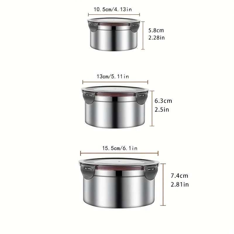 Set of 3 Stainless Steel Food Storage Containers with Lids - Perfect for Adults, Salad Dressings, Snacks, and More! Leakproof, Reusable, and Ideal for Refrigerator Preservation. Includes Seal Bowls, Crisper Case, Food Savers Cases, Bento Boxes, and More!