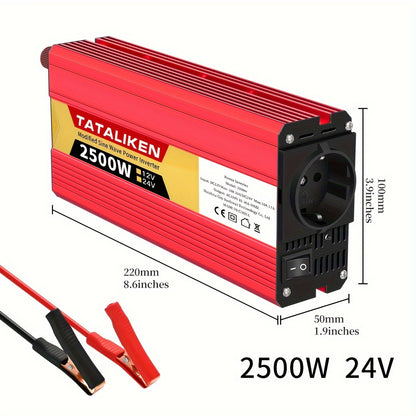 High-power 12V to 220V car inverter with 2500W-600W capacity, ideal for charging phones and tablets.