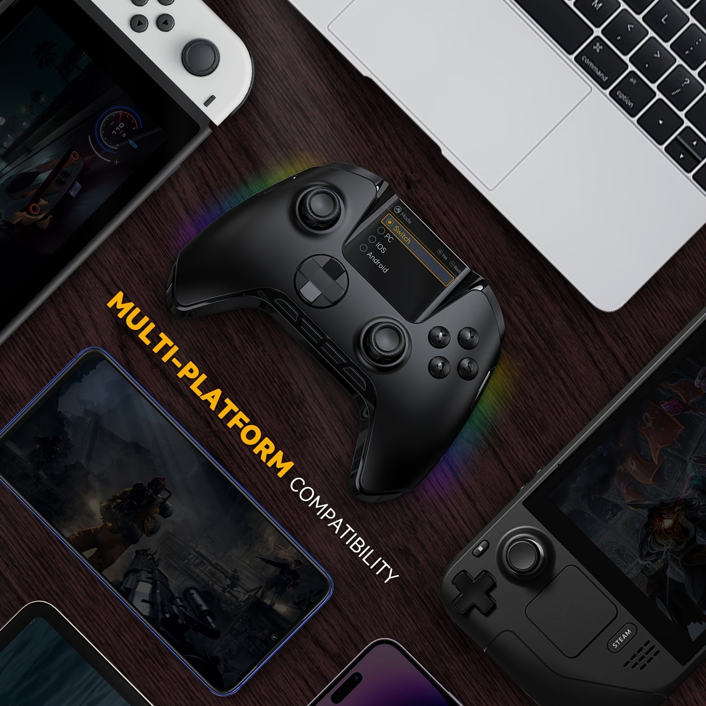 FIEHDUW Wireless Gaming Controller with RGB Lighting, No-Drift, Hall Effect Triggers, Remappable Buttons, 1800mAh Battery, and Charging Dock. Compatible with PC/Switch/iOS/Android/Steam