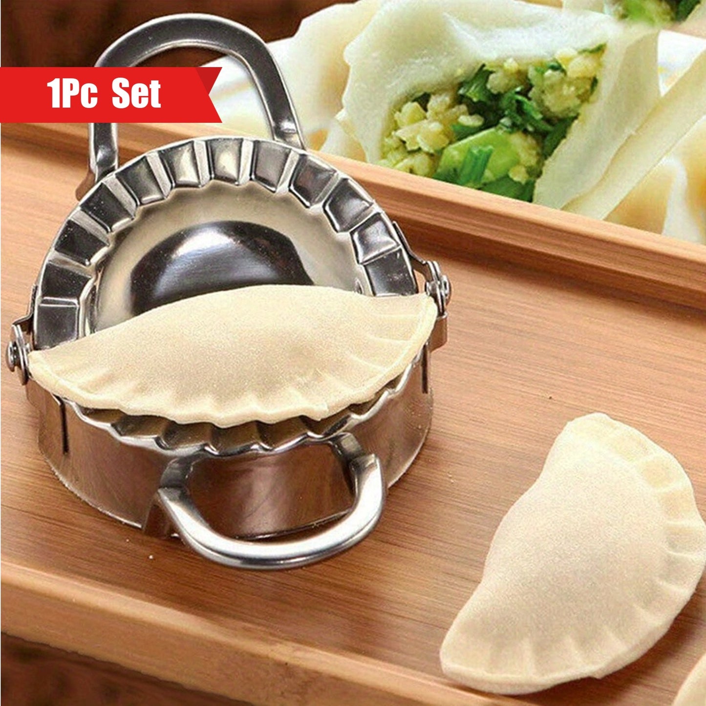 Stainless steel dumpling making tool set with a squeezing mold for creating perfect dumpling skins, a versatile kitchen essential for making delicious and divine dumplings.