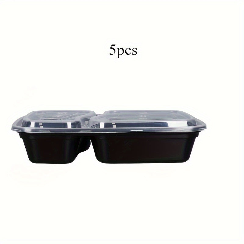 Five pieces of multipurpose meal prep containers that come in a 2-compartment design, leak-proof, made of oven-safe plastic material, stackable, and safe for use in the microwave, freezer, and dishwasher.