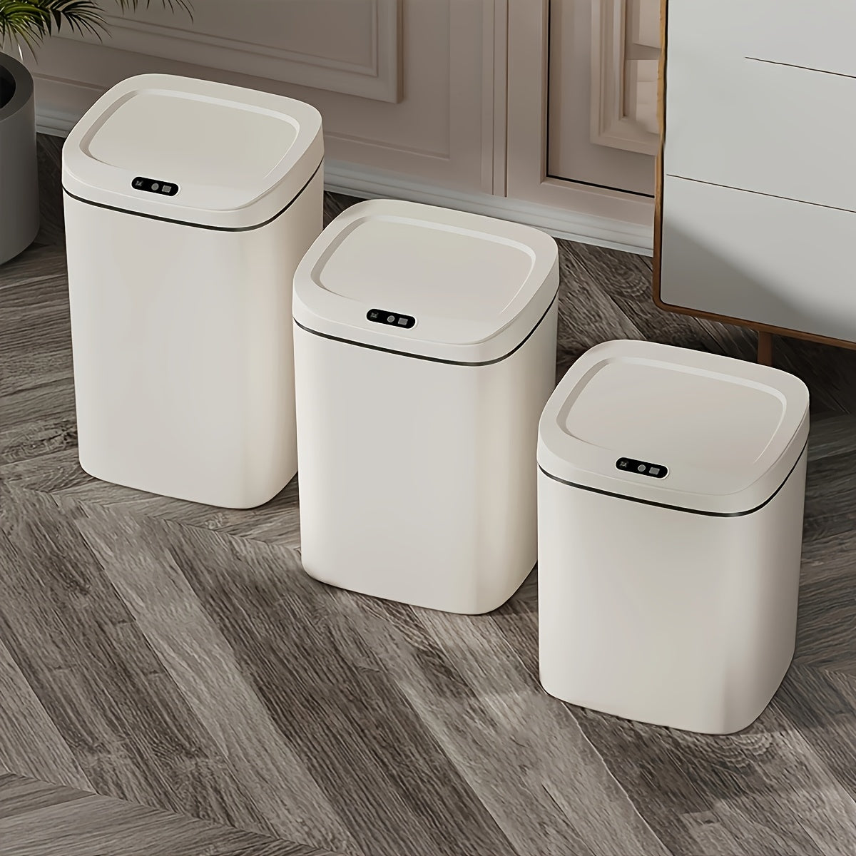 Smart detector trash can with quiet close and odor-proof; multiple capacity options for various rooms; battery operated (AA), batteries not included.