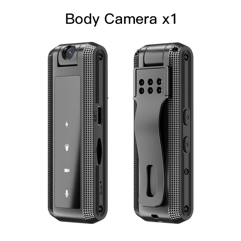 Compact black digital video camera with audio recording, 1080P full HD, night vision, manual focus, rechargeable battery/USB power, TF card slot, ideal for business meetings and outdoor use.