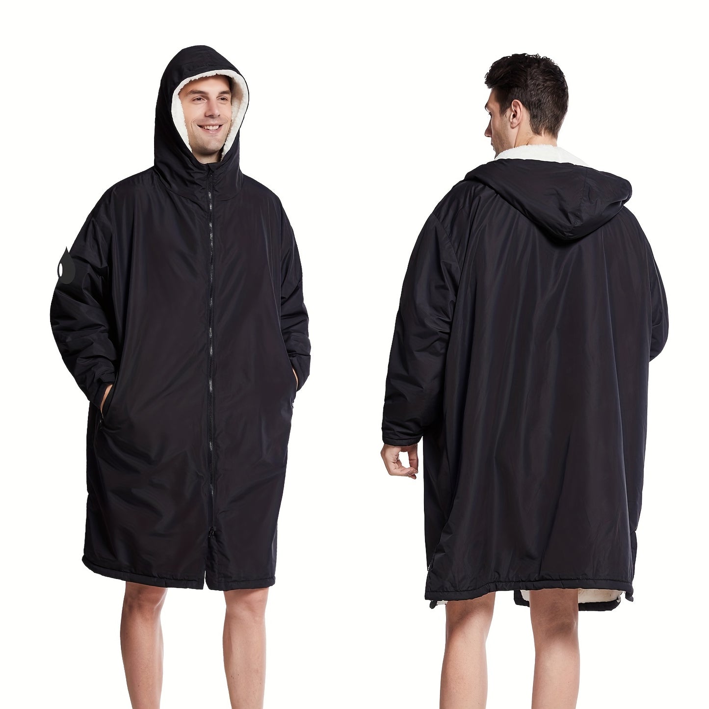 Waterproof, windproof unisex changing robe with fleece lining and hood for home, surfing, diving, camping, and hiking.