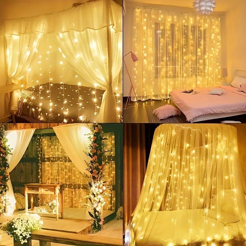 Teenage girl LED curtain string lights with remote control, available in 100/200/300 warm golden LEDs. Perfect for creating a cozy ambiance with a twinkle effect for all occasions. Suitable for indoor and outdoor use. Includes non-rechargeable battery.