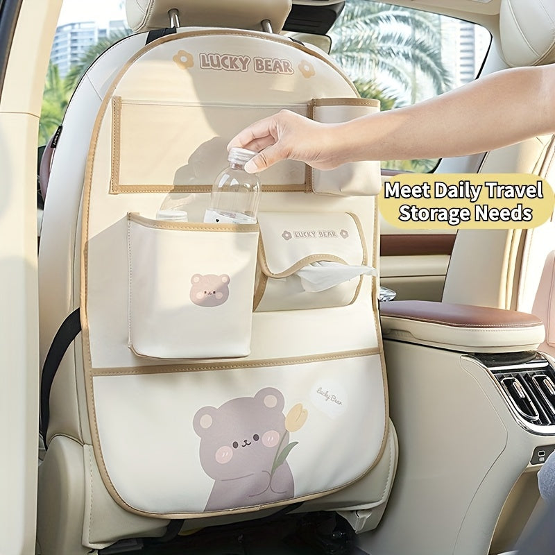 Adorable Bear & Bunny Car Organizer - Versatile Seat Back Storage with Trash Bin, Tissue Holder, Cup & Phone Slots, Long-lasting Faux Leather, Simple to Clean - Ideal Gift for the Holidays