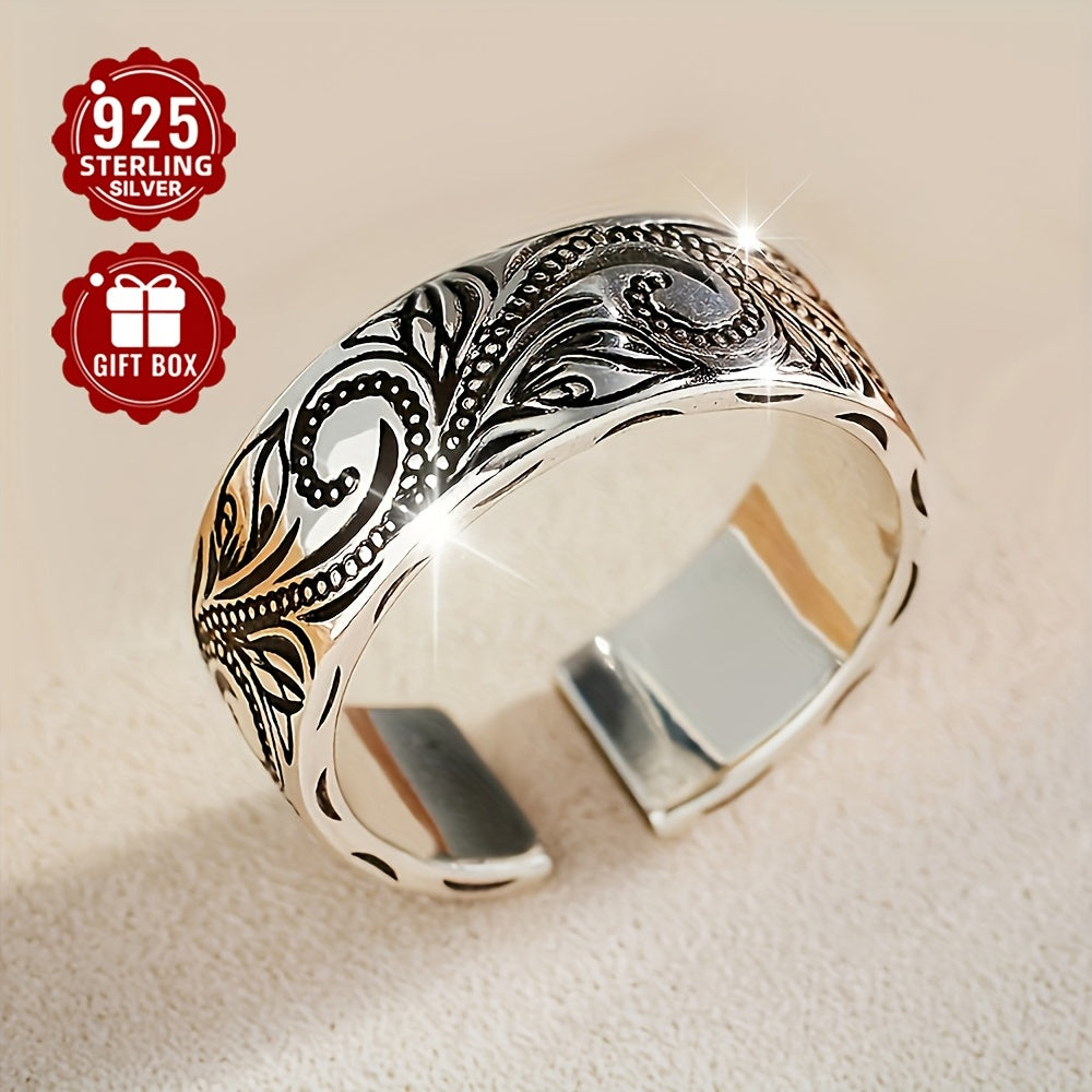 This elegant Bohemian-style 925 sterling silver ring features an adjustable fit and intricate paisley design. Ideal for both men and women, it is perfect for daily wear or special occasions. Weighing 5.5g, this ring is adorned with a leaf flower motif