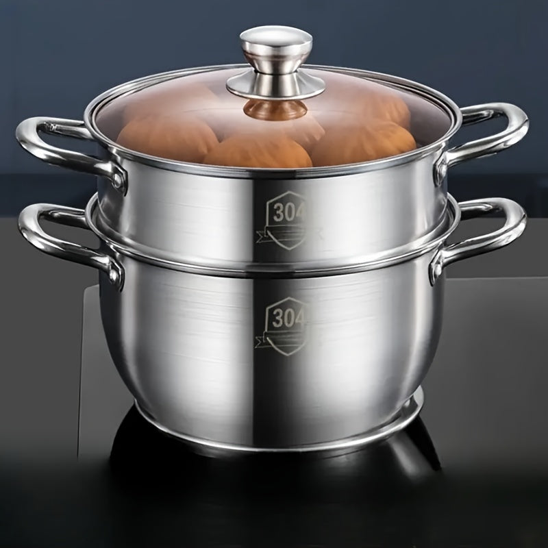 26cm 10-inch Stainless Steel Double Boiler - Large Capacity Multi-Purpose Cooking Pot with Lid, Ideal for Soup, Steam and More - Versatile Kitchen Cookware for Every Household