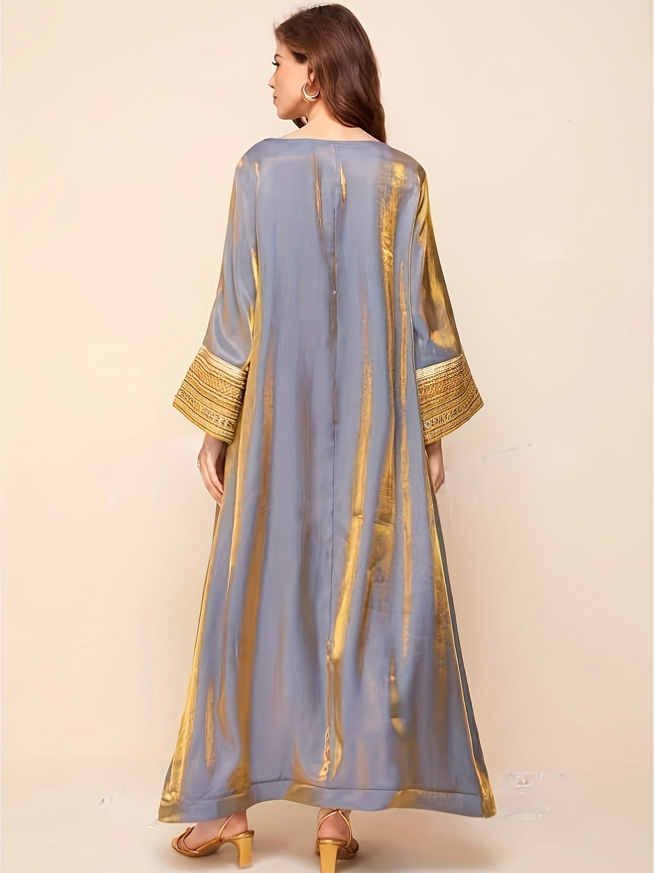 Lace trim crew neck kaftan dress with long sleeves and loose fit maxi silhouette for women.