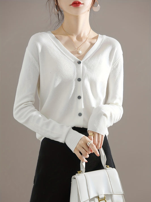 Chic V-neck cardigan with long sleeves, perfect for spring and fall.