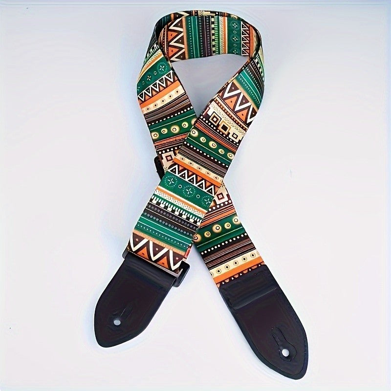 Bohemian Tribal Pattern Adjustable Guitar Strap made of faux leather and thick polyester, with secure locking system. Compatible with electric guitar, bass, and ukulele. Durable shoulder