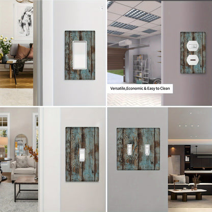 Rustic pale turquoise wood grain wall plate cover for indoor/outdoor use in various rooms.