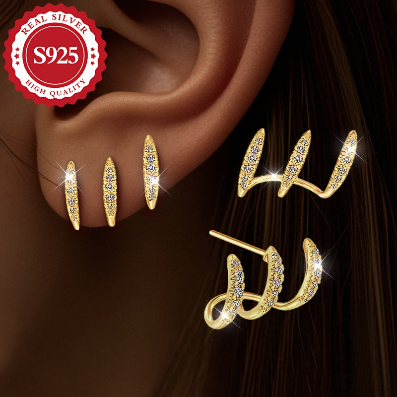 A set of exquisite S925 Sterling Silver earrings with claw-set Zirconia studs - dazzling, hypoallergenic, suitable for all occasions, great as a gift, unique design, perfect for the holiday season.