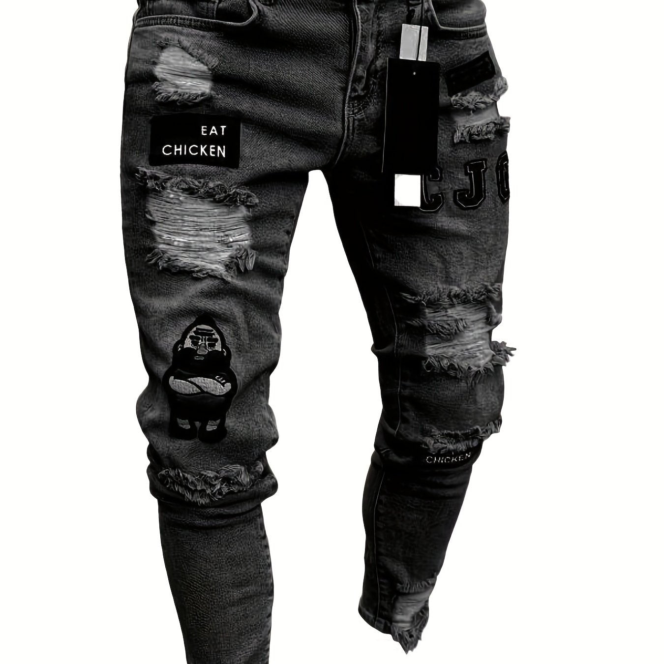 Men's slim fit stretch denim jeans with distressed details, ripped badge accents in grey color.