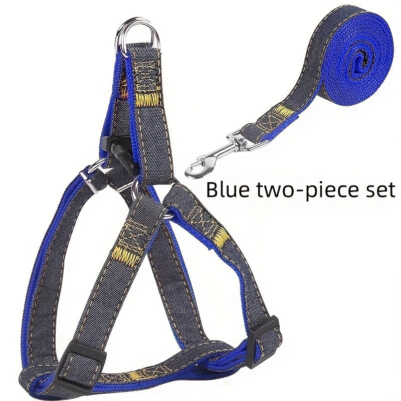 Adjustable and comfortable denim dog harness and leash set for small to large breeds made of durable polyester material.