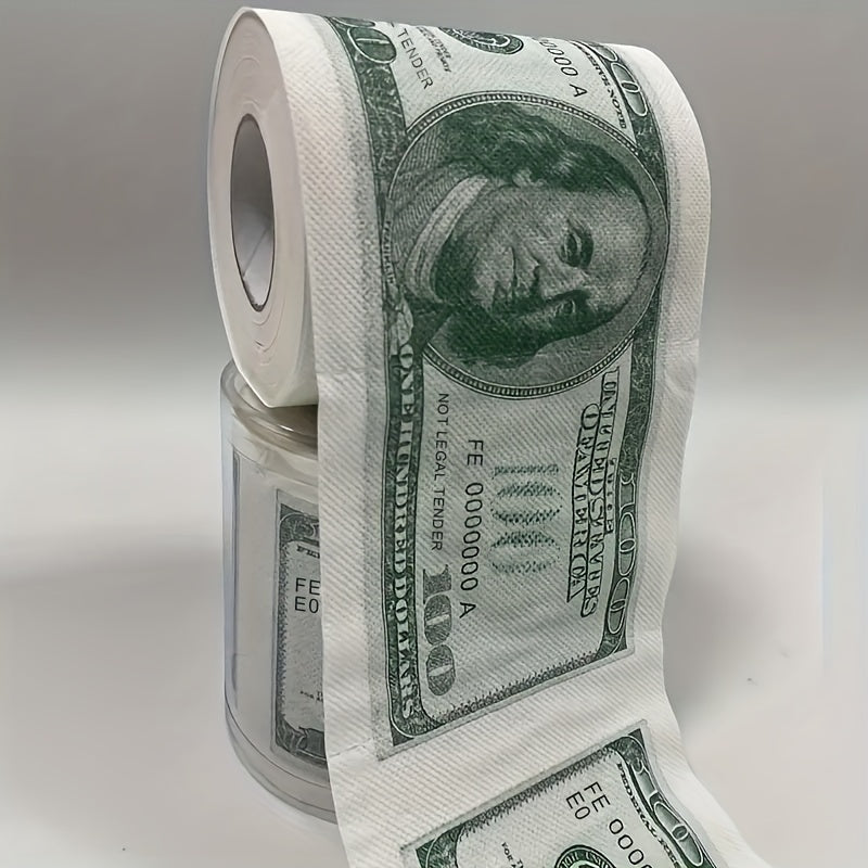 Pack of two-ply paper towels designed to resemble $100 bills, perfect for use as decorative toilet paper at parties.