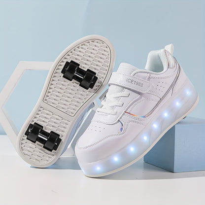 LED Light-Up Roller Skates for girls in Purple & White. Adjustable strap, Lightweight & Breathable. Ideal for outdoor fun and street style. Trendy youth sneakers with Pu Upper Skates.