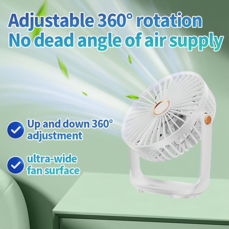 Introducing the JKUOO 2025 Upgraded Mini Portable Table Fan. This fan features 5 adjustable speeds and a convenient night light that can be adjusted to your liking. The durable motor ensures quiet operation while the USB rechargeable 1200mAh lithium