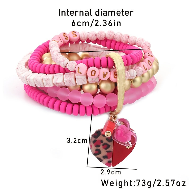 An elegant Bohemian pink Valentine's Day bracelet adorned with layers of beads, ideal for women's fashion wear on any occasion, be it everyday or festive.