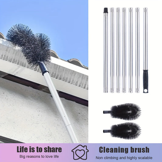 Versatile 7-Section Extendable Pole Brush Set for High-Reach Cleaning - Multi-Purpose Dust Cleaning Brushes for Home Use in Living Room, Bedroom, Bathroom, Toilet, and Outdoors. Telescopic Gutter Cleaning Tool, Non-Electric and Convenient.