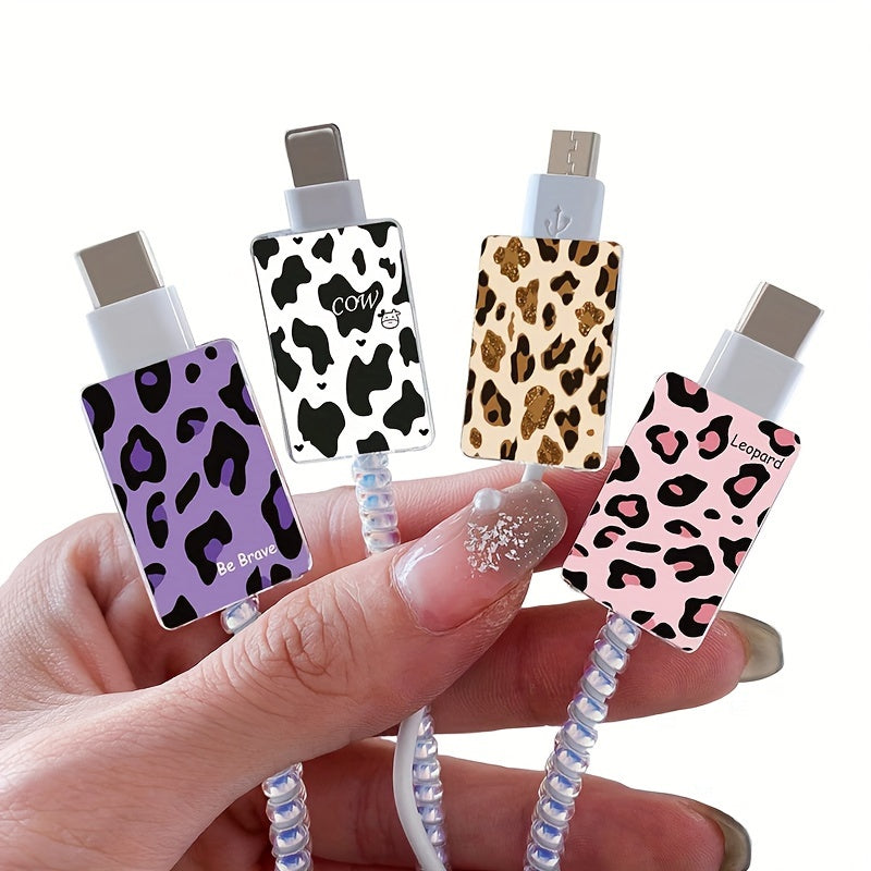 4-piece leopard print set for Apple IOS mobile phone charging cables, includes fixing clip, protective cover, anti-break wire, cute fruit and flower designs.