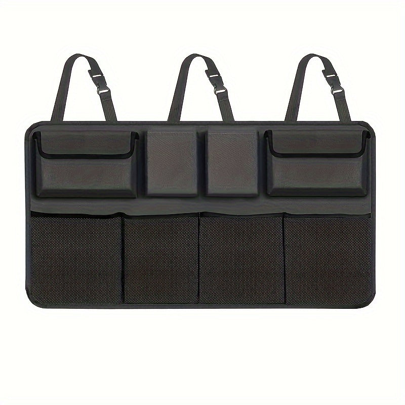 1pc Durable Polyester Car Trunk & Seat Organizer with 8 pockets and adjustable straps for organizing tools, bottles, and accessories.