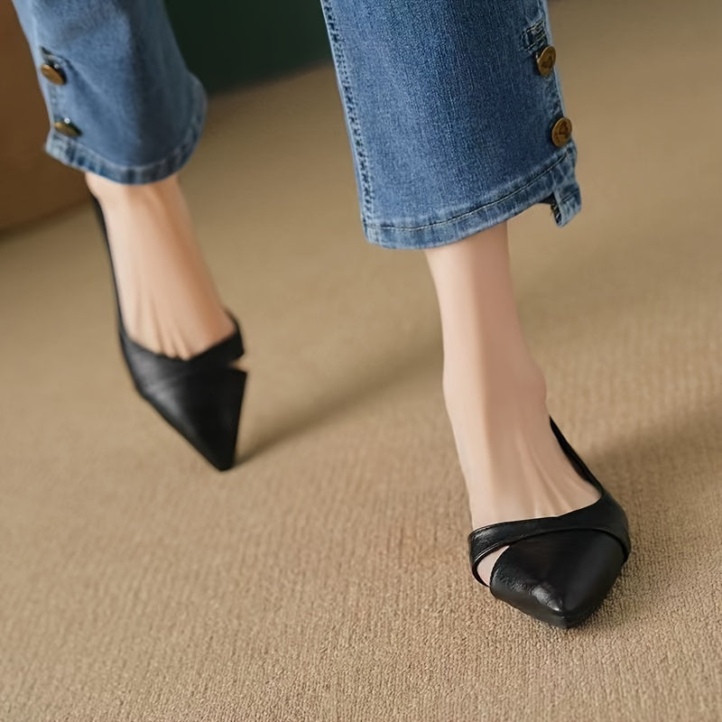 Women's black pointed-toe flats with side cut-out design, soft PU cover upper, lightweight PVC sole, comfortable slip-on shoes for all-day wear. Ideal for everyday wear. Minimalist and cute.