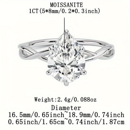 This stunning 1/2ct Pear-Shaped Moissanite Ring is perfect for women who appreciate elegance. Crafted from hypoallergenic S925 Sterling Silver with a twisted six-prong setting, it makes a wonderful anniversary gift or party accessory. Presented in an