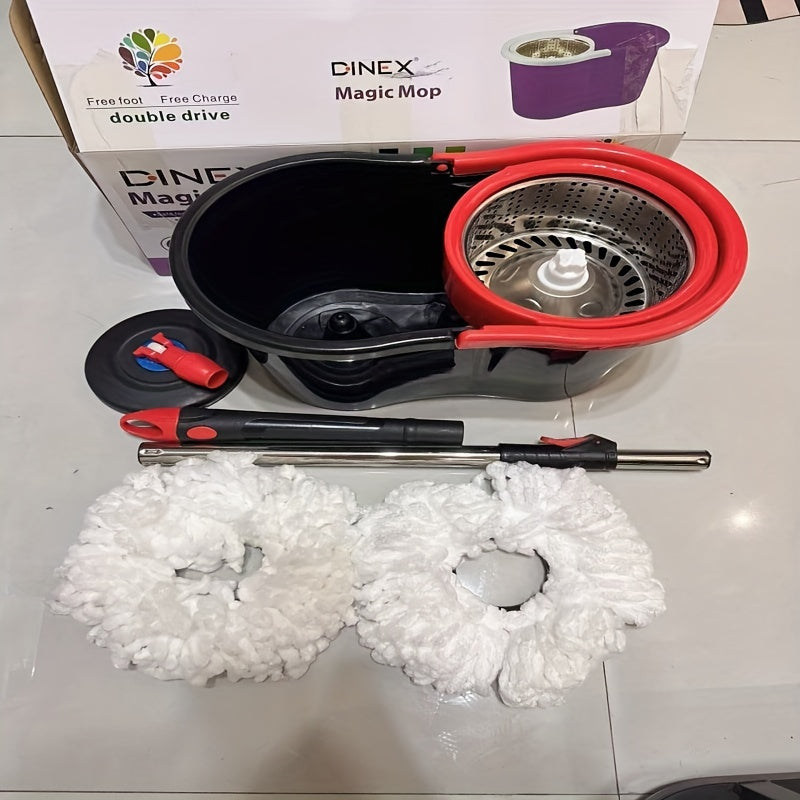 "Dual-Drive Spin Mop va vedro to'plami - nam va quruq tozalash uchun mukammal qo'l bilan ishlatilmaydigan burama moptir. Elektr energiyasi talab qilinmaydi, bu esa uni yashash xonasi, yotoqxona, hojatxona, oshxona va pol tozalash uchun ideal qiladi."