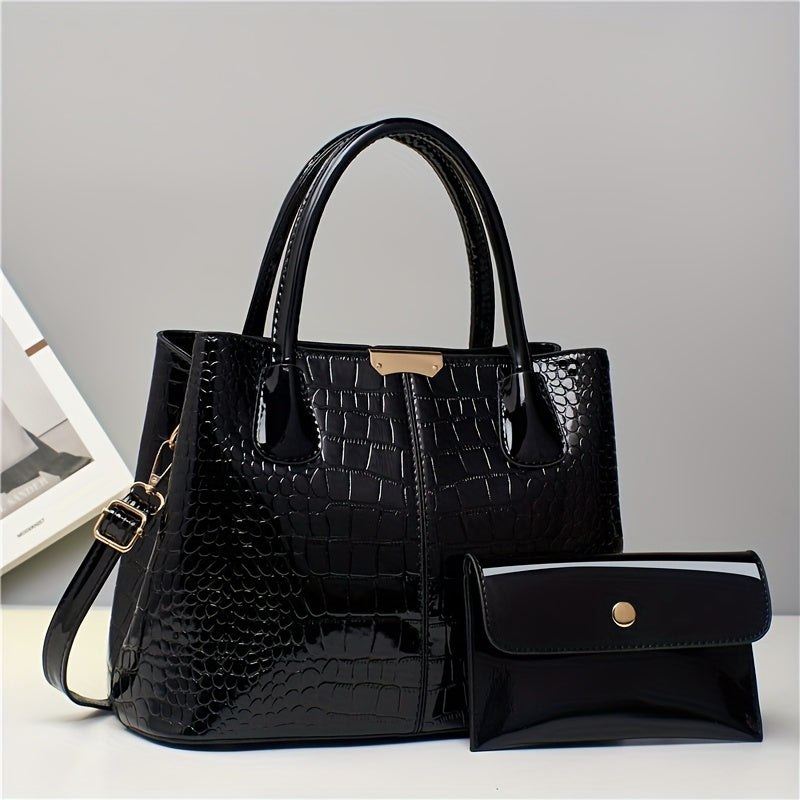 A glossy crocodile pattern handbag perfect for Mother's Day, Easter gatherings, and elegant commuting, with a large capacity and simple design.