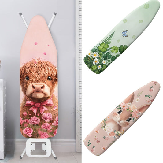 RSHUBINO Adorable Ironing Board Cover - Dustproof & Protective, Standard Size with Elastic Edge, Non-Heat Resistant PET Material - Cute Highland Cow & Floral Design for Home Decor & Holiday Celebrations, Cow Print Decorative Theme