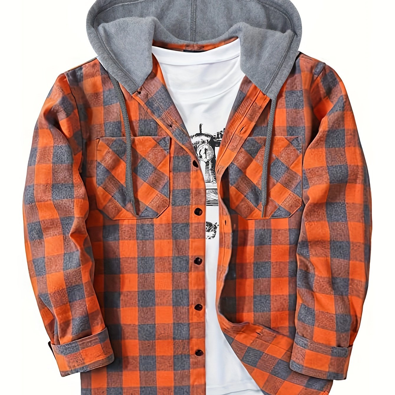 Men's plaid hooded shirt jacket with long sleeves and a regular fit.