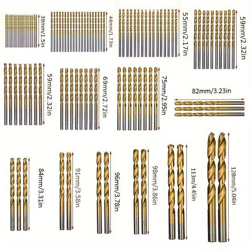 Titanium coated hex shank drill bit set includes 13, 50, or 99 pieces. Made of high-speed steel, suitable for drilling steel, aluminum, and copper. Sizes range from 1/16 inch to 1/2 inch.