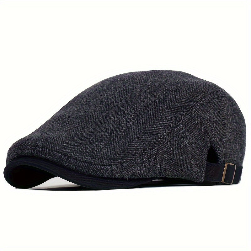 Men's Vintage Newsboy Cap in a Big Size, Made with Thick Warm Polyester Beret Material, Featuring a Casual Striped Peaked Hat Design, Adjustable Flat Cap with Herringbone Weave, Easy to Hand Wash