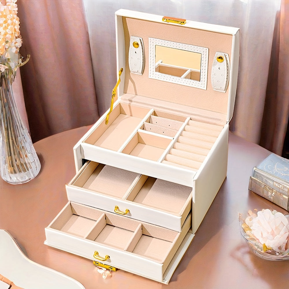 Chic 3-tier jewelry box with lock, mirror, and double drawer organizer. Light purple with golden accents. Ideal gift for wife, mom, or best friend. Includes travel case, decorative trim