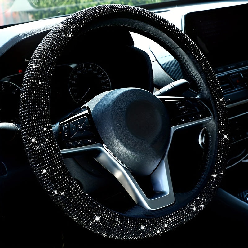 Bling car steering wheel cover made of stretchy spandex, fits most vehicles without inner ring.