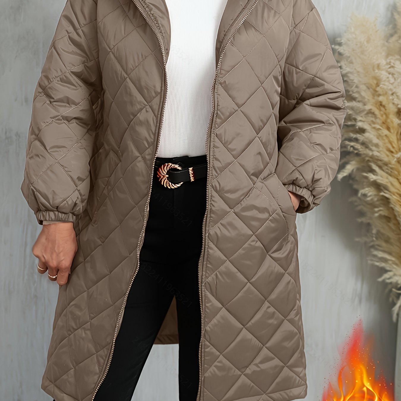 Plus Size Quilted Zip Up Hooded Coat for Fall & Winter Women's Clothing