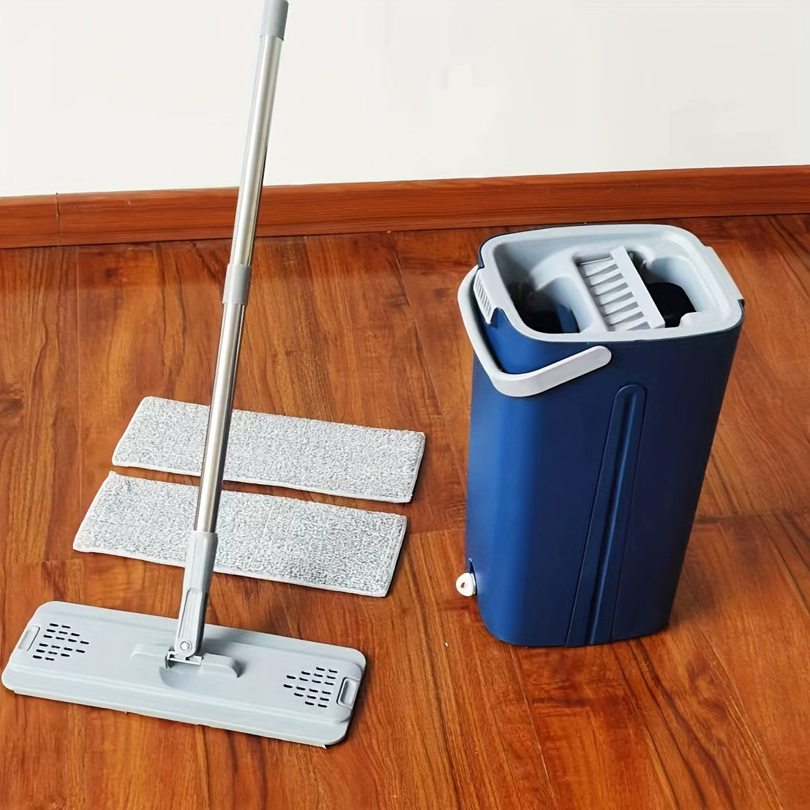 Household Cleaning Set including Mop and Bucket with 2 Mop Pads, Hands-free Flat Mop for Easy Washing, Dust Removal Mop with Bucket for Wet and Dry Cleaning of Tile, Marble, and Wooden Floors. Complete Cleaning Supplies and Tools.