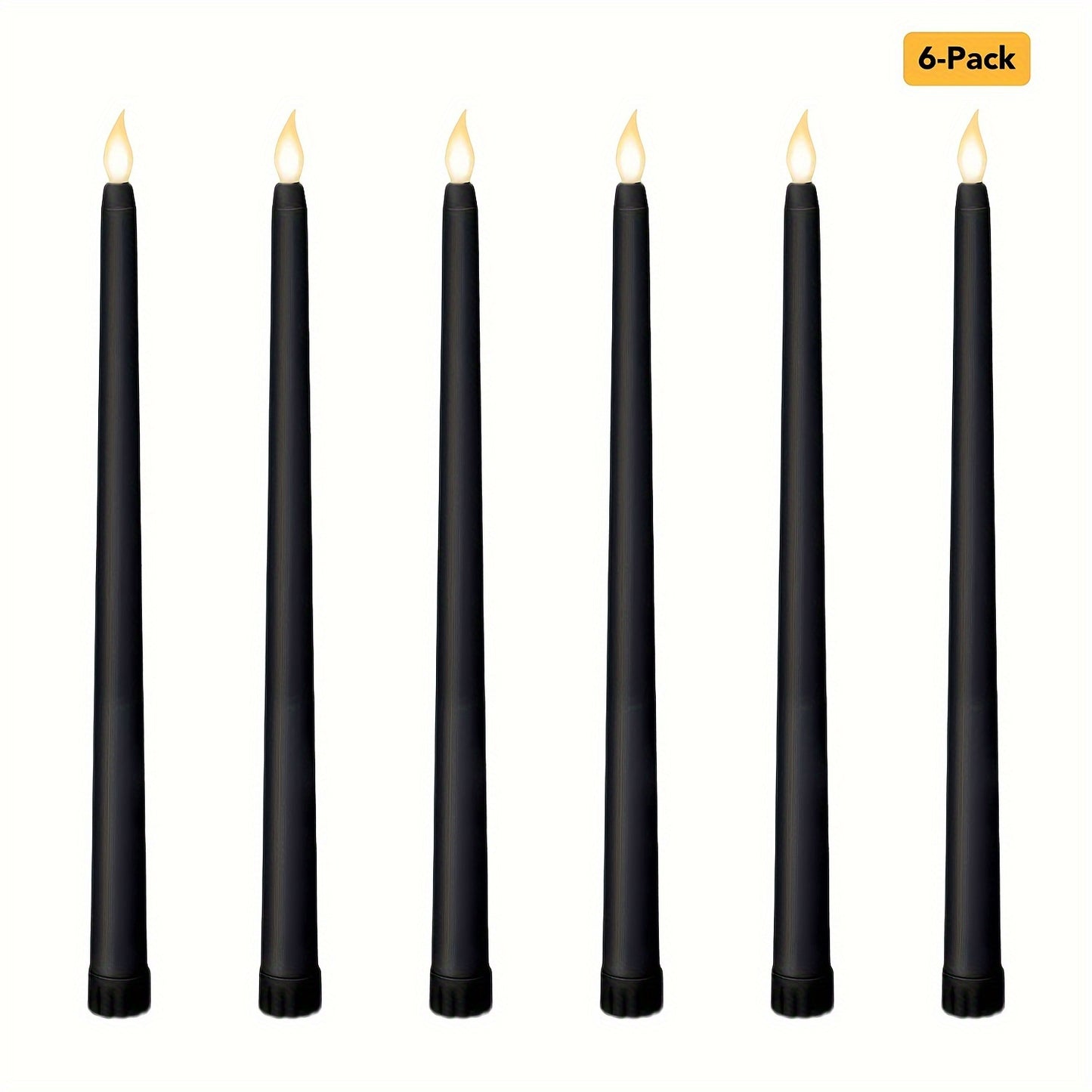 Battery operated flickering LED taper candles in a 6-pack for indoor seasonal celebrations. Plastic jars with switchable AAA battery operation (batteries not included).