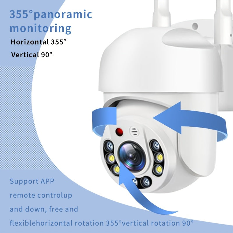 One 1080P WiFi Security Camera with PTZ Auto-Tracking, offering a 360° Panoramic View and Full Color Night Vision. Features include AI Human Detection, Two-Way Audio, USB Powered operation, Smartphone Compatibility, and ideal for Indoor Use.