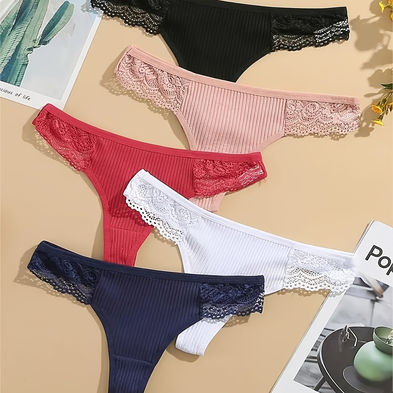 5 Lace Thongs, Sexy Low Waist Ribbed Panties, Women's Lingerie & Underwear