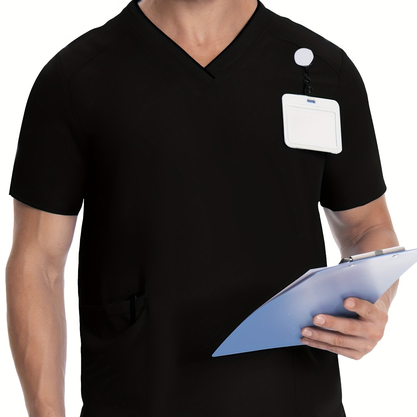 Men's Short Sleeve V-Neck Scrubs with Pockets, Polyester Lab Coat, Breathable with Slight Stretch, Regular Fit, Ideal for Pet Grooming and Medical Uniforms in Spring/Summer/Fall.