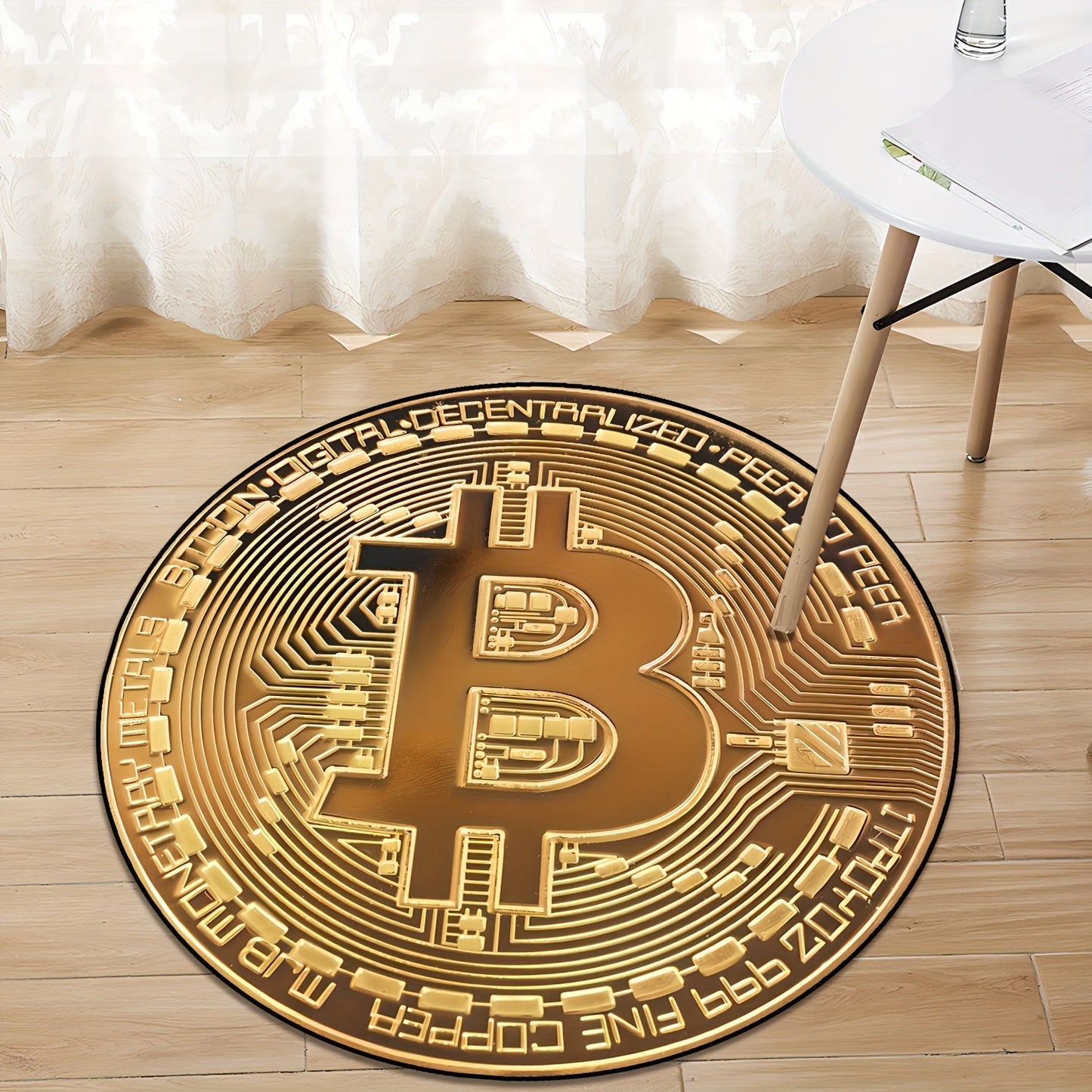 Get yourself the 1pc Bitcoin Pattern Round Rug for a touch of luck and wealth in your home decor! This decorative rug is perfect for your bedroom or living room, and is ideal for holiday parties. It is stain resistant and dustproof, making it easy to