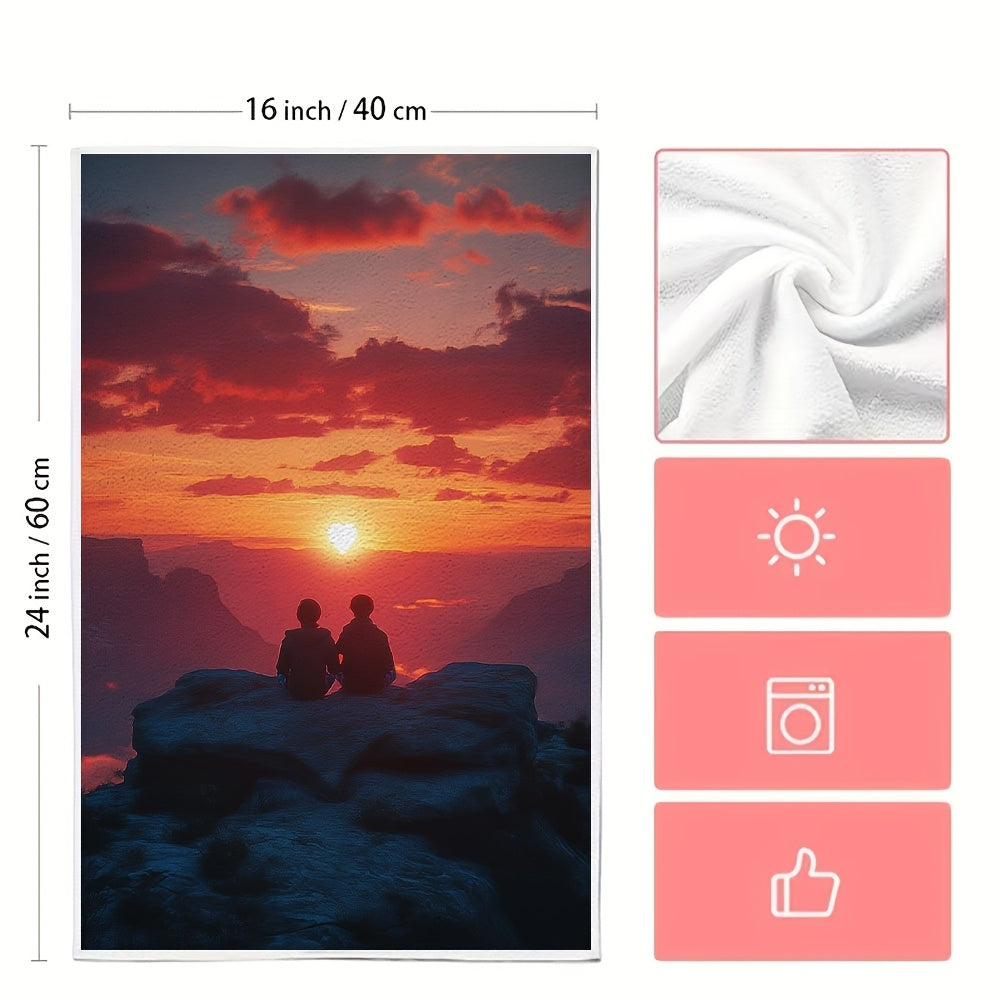 This duo of ultra-soft kitchen towels showcases two charming characters relaxing on a heart-shaped rock as they watch a beautiful sunset. These highly absorbent dish towels are ideal for adding a festive touch to your home decor, and are conveniently