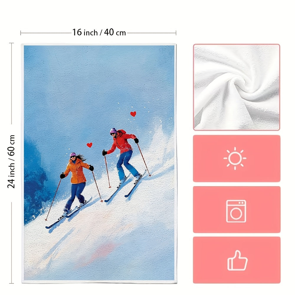 Add a touch of charm to your kitchen with this set of two ultra-soft dish towels adorned with a delightful illustration of a couple skiing gracefully down a snowy hill. The skiers move side by side, executing elegant turns with ski poles featuring