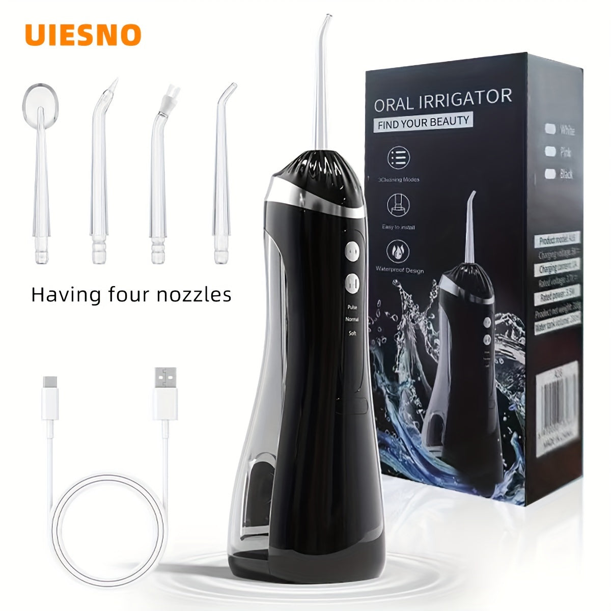 Wireless portable electric water flosser with 3 modes, large water tank. Comes with 1 main unit and 4 nozzles. Ideal for home or travel use.