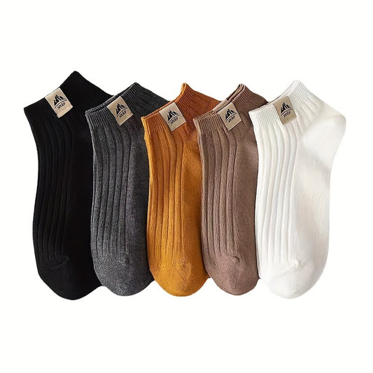 5 pairs of men's summer short socks made of breathable cotton blend with comfortable knit fabric, featuring solid color with "A" logo. Hand wash only. Casual and minimalist style with